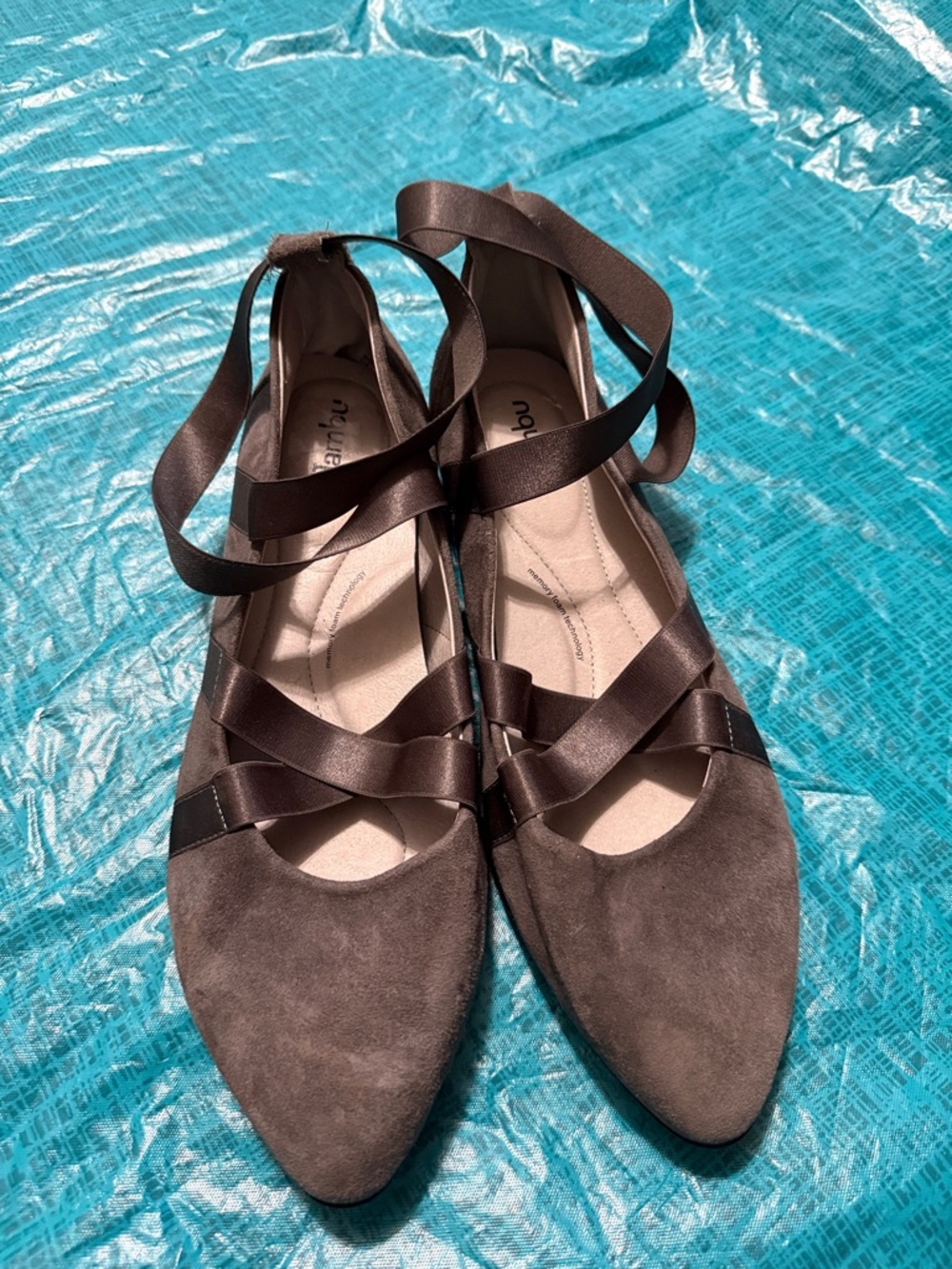 Jambu Brown Pointed Suede Flats with Satin Wrap Straps